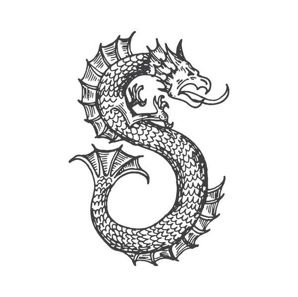 Dragon Middeleeuwse Heraldische Dier Monster Schets Magische Zeedraak Middeleeuws Kaartfantasie — Stockvector