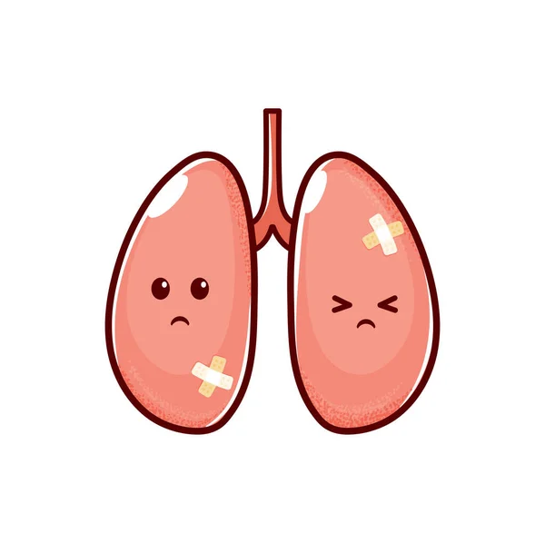 漫画の病気の肺の文字 負傷不健康な人間の臓器 医療パッチとベクトル肺 健康と解剖学 呼吸器系疾患や肺炎 癌と結核と悪い健康肺 — ストックベクタ