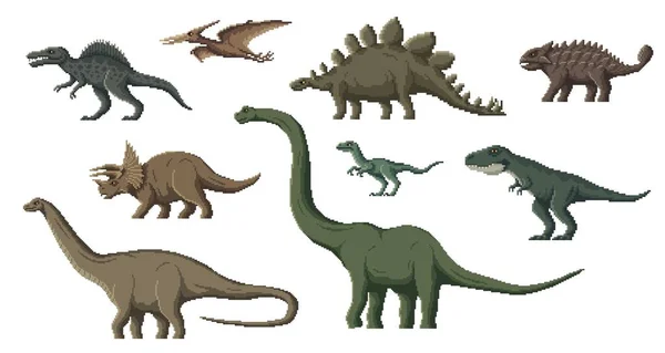 ピクセル恐竜のキャラクター 8ビットゲーム資産 ピクセルアートディノ動物 ブロントサウルス ティラノサウルス ヴェロキラプトルとペタノドン ディプロドクス ステゴサウルス絶滅爬虫類 ベクトルピクセル化恐竜 — ストックベクタ