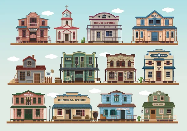 Edificios Dibujos Animados Ciudad Oeste Salvaje Occidental Vector Salón Iglesia — Vector de stock
