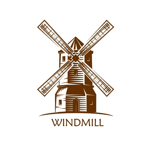 風車のアイコン スケッチのシンボル ベークハウス 小麦や大麦の農場や旅行代理店手の村の古いミルのベクトル記号を描いた アンティーク風車が刻まれた食料品市場や食料品市場 — ストックベクタ