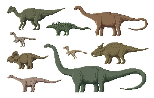Символи Динозаврів Pixel Біт Пікселі Іграшкові Тварини Jaxartosaurus Garudimus Elmisaurus — стоковий вектор