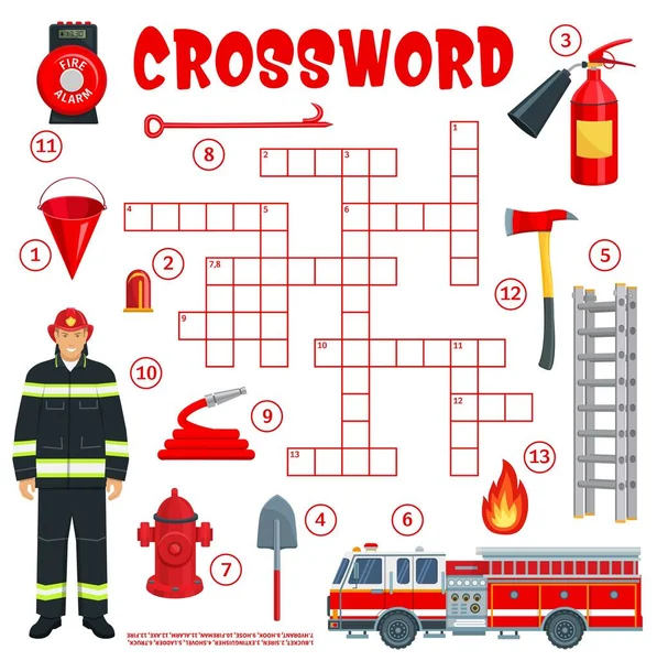 Feuerwehr Und Feuerwehrausrüstung Kreuzworträtsel Arbeitsblatt Finden Sie Ein Wort Quiz — Stockvektor