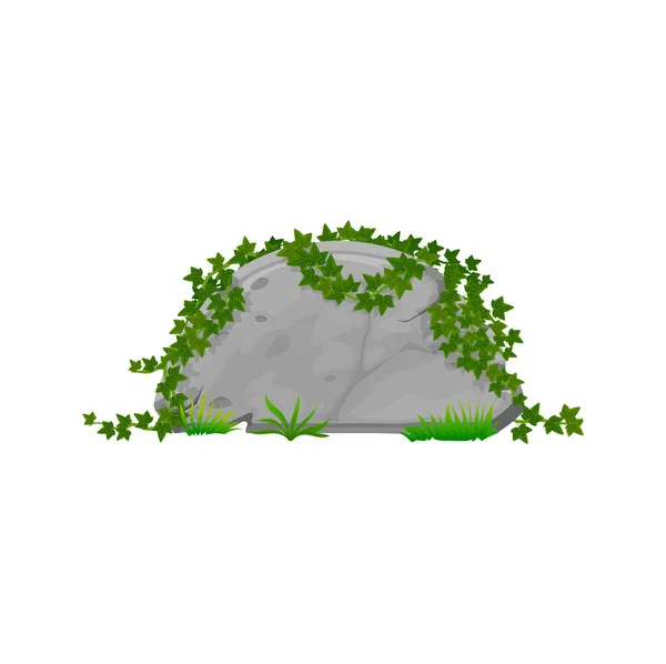 漫画の森のジャングルのツタの半分の円の形の岩 ゲームUi資産のデザインに残します ヘデラの花の装飾とベクトル花崗岩プレート 岩と石のパネル — ストックベクタ