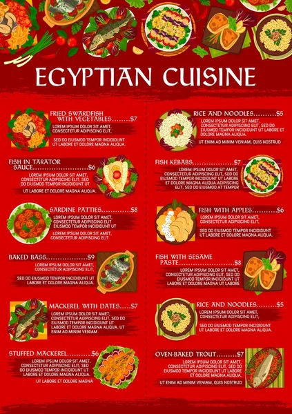 Меню Блюд Египетской Кухни Рыбные Шашлыки Запеченные Окуни Сардинки Жареная — стоковый вектор