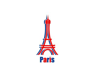 Paris Eyfel Kulesi simgesi, Fransa 'nın simgesi vektör silüetine sahip. Fransa 'da romantik turlar, Paris şehir mimarisi demir heykel mavi ve kırmızı renkli soyut Eyfel Kulesi ile izole edilmiş sembol