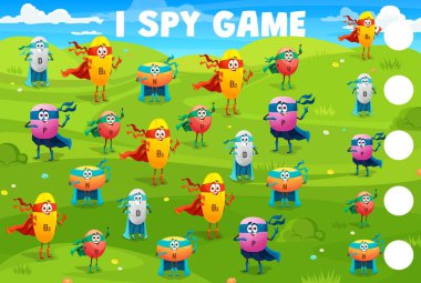 Casusluk oyunu çalışma kâğıdı. Çizgi film kahramanı, süper kahraman vitamin karakterleri. Vektör D, B3, N, U ve P gıda destek kapsülleri. Çocuklar çimenlikte kaç tane süper kahraman olduğunu sayar.