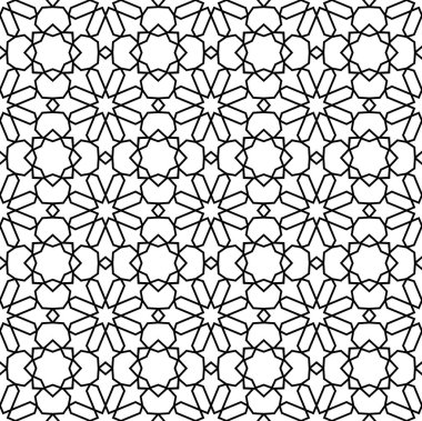 Mashrabiya Arabesk deseni. Soyut geometrik şekiller, doğulu yıldızlar ve çiçek elementlerinin vektör islam süslemesi ile kusursuz bir arkaplan. Arap mozaiği veya fayans monokrom motifi