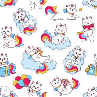 Çizgi filmdeki şirin, dikişsiz boynuzlu at deseni. Buluttaki sevimli tek boynuzlu at kedi karakteri ile arka planda tekrarlanan vektör. Kawaii fantezi kedi yavrusu dondurma ya da karpuz yiyor, kokteyl içiyor, eğleniyor.