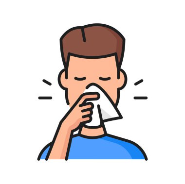 Alerji, rhinitis veya soğuk ateş belirtileri renk çizgisi simgesi. Mevsimsel alerji semptomu, Solunum hastalığı, alerjik reaksiyon işareti. Mendilin içine hapşıran adamla nefes alma sorunu ana hatları simgesi