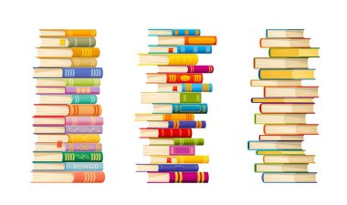 Yüksek kitap yığınları ve yığınları. Vektör okulu kütüphanesi kitapları, öğrenci ders kitapları, sözlükler ve ansiklopediler. Kitapçı çok satanlar, renkli ciltli romanlar ve edebiyat yığınları, eğitim