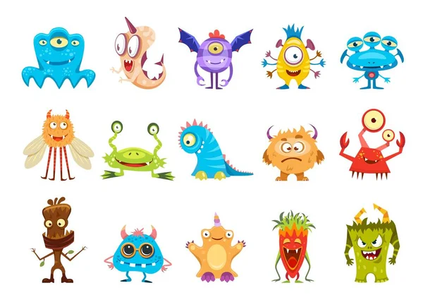 Cartoon Cute Funny Monster Characters Kids Bizarre Creatures Vector Mutants — Stock Vector