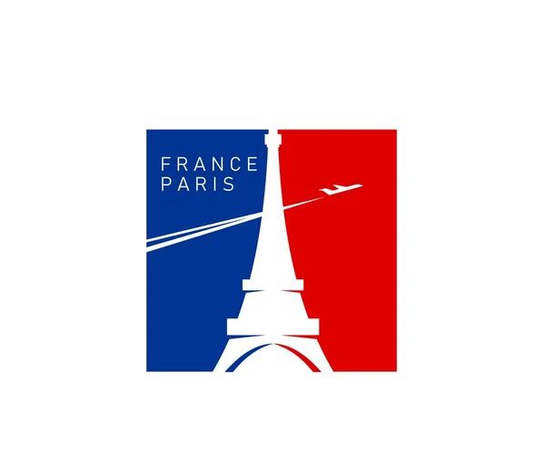 フランスの旗 フランス旅行のランドマークと文化のベクトルエンブレム上のパリエッフェル塔 フランス観光 観光都市旅行や国民の日のお祝いのための飛行機のアイコンを持つパリエッフェル塔 — ストックベクタ