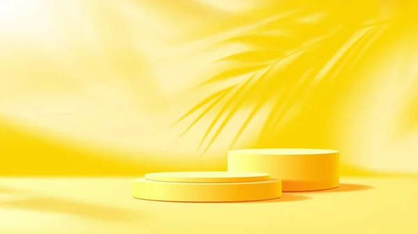 Mockup Pódio Amarelo Vazio Com Palma Deixa Sombra Parede Antecedentes — Vetor de Stock