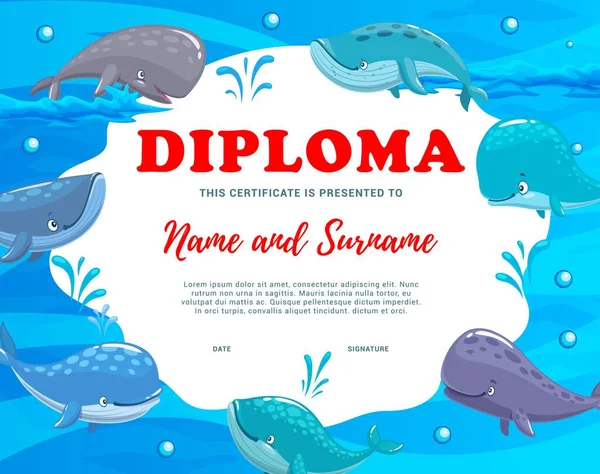 Diploma Niños Calotes Dibujos Animados Ballenas Azules Espermatozoides Certificado Logro — Vector de stock