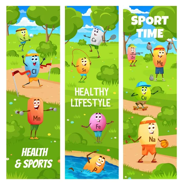 スポーツや健康 フィットネス上の漫画ビタミンやミネラルスポーツマン文字 ベクトルバナー 面白いですカリウム水泳と塩素でジョギングランでナトリウム演奏バスケットボールで微量栄養素 — ストックベクタ
