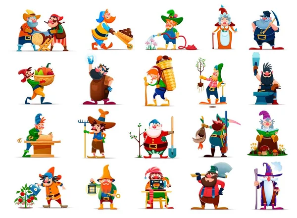 Cartoon Gnome Dwarf Characters Beards Hats Cute Fairy Tale Elf — Stock Vector