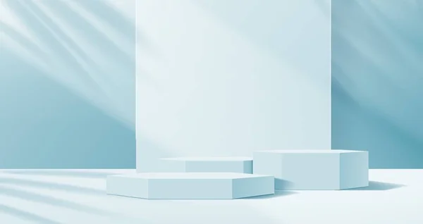 Blauer Podiumhintergrund Produktdisplay Mit Blätterschatten Vektor Ausstellungsvitrine Blaue Podium Plattform — Stockvektor