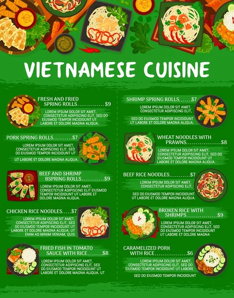 Vietnamská Kuchyně Restaurace Jídelní Lístek Krevety Vepřové Hovězí Jarní Závitky — Stockový vektor