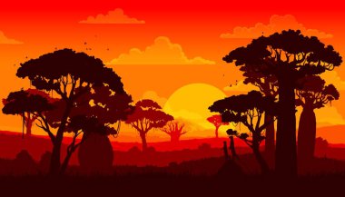 Afrika savanası gün batımı manzarası, manzara silueti. Vektör arka planında baobab ya da akasya ağaçları ve siluetli mirketler turuncu, kırmızı ve sarı renkli ateşli bir gökyüzüne karşı vahşi yaşam sunar.