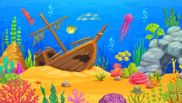 Spielniveau Auf Cartoon Unterwasserlandschaft Mit Versunkenem Schiff Fischschwärme Tintenfische Quallen — Stockvektor