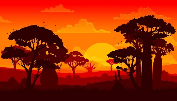 Afrikansk Savann Solnedgång Landskap Landskap Siluett Vektor Bakgrund Funktioner Baobabs — Stock vektor