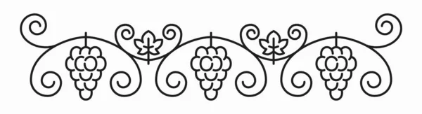 ワインの装飾フレーム 茎のブドウの束 ブドウ畑の渦巻きと葉 クラスターの輪郭アイコン ベクトル有機熟した果実 ブドウの国境飾り — ストックベクタ