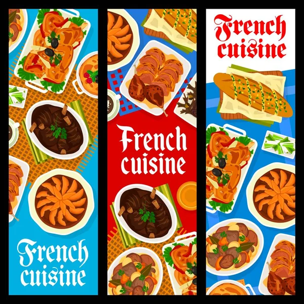 French Cuisine Restaurant Food Banners Baked Chicken Roasted Lamb Leg — Stock Vector