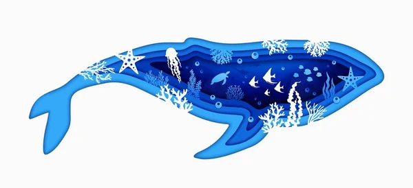 海鲸轮廓在水下剪纸景观 病媒海草 海星和鱼群 热带珊瑚礁中的海底纸制海龟和珊瑚 深海中的鲸鱼纸剪影 — 图库矢量图片