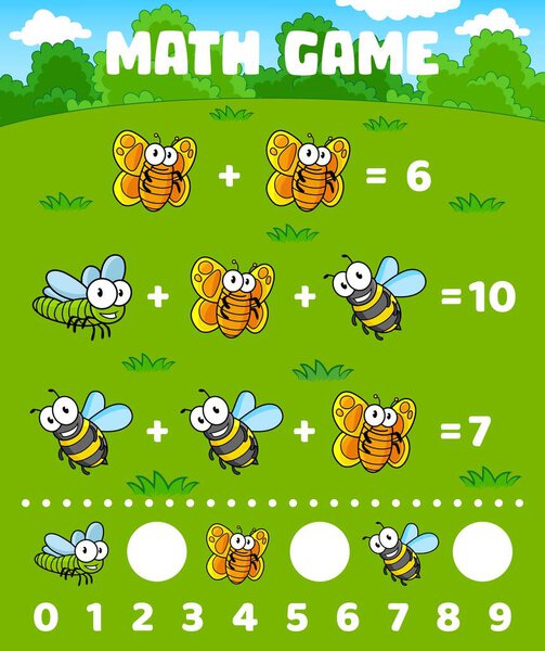 Математика, мультяшная пчела, стрекозы и бабочки, векторная математика для детей. Смешная бабочка, пчела или шмель оса в математике или расчет образования головоломка игра