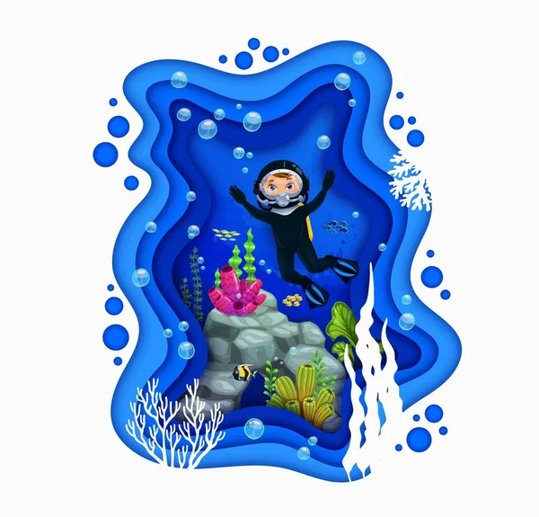 Cartoon Taucher Und Unterwasser Papier Geschnitten Meereslandschaft Vektor Unterwasser Papierschnitt — Stockvektor
