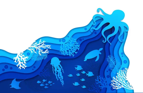 Подводная Бумага Вырезает Силуэт Ландшафта Осьминога Водорослей Рыбный Косяк Скат — стоковый вектор