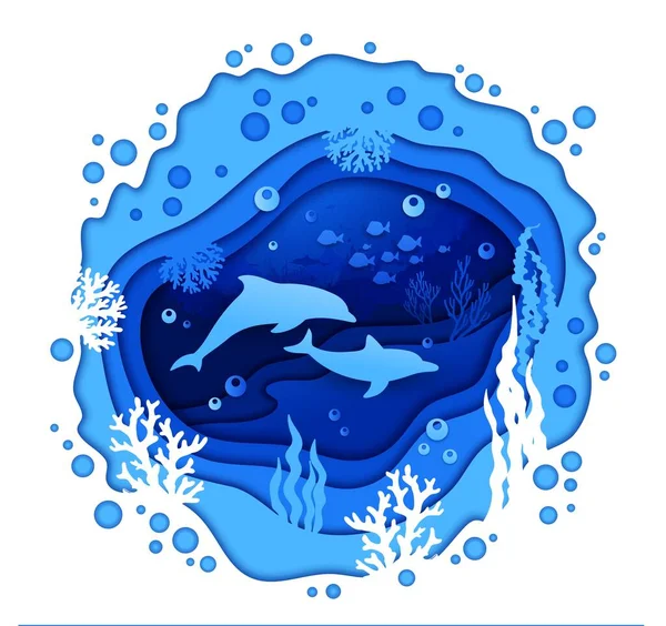 Underwater Paper Cut Landscape Dolphin Fish Shoal Silhouettes Vector Undersea — Stock Vector