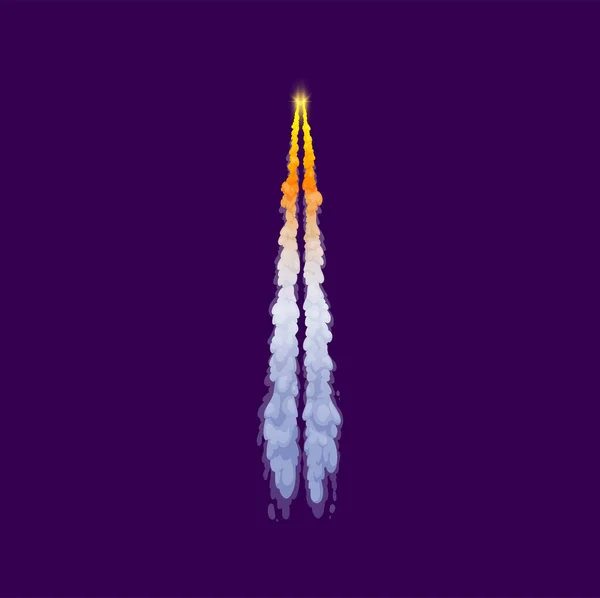卡通火箭烟道喷火和蒸汽云 有火焰 白烟和蒸汽迹的矢量宇宙飞船或航天飞机火箭发射轨迹 垂直起飞的导弹轨迹 — 图库矢量图片