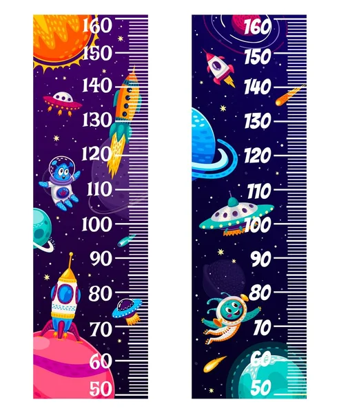 銀河空間の漫画のエイリアン 子供の高さチャートは 宇宙船 Ufoのソーサー 成長測定メーターで支配します 宇宙と子供の高さ測定のためのベクトル壁ステッカーのスケール — ストックベクタ