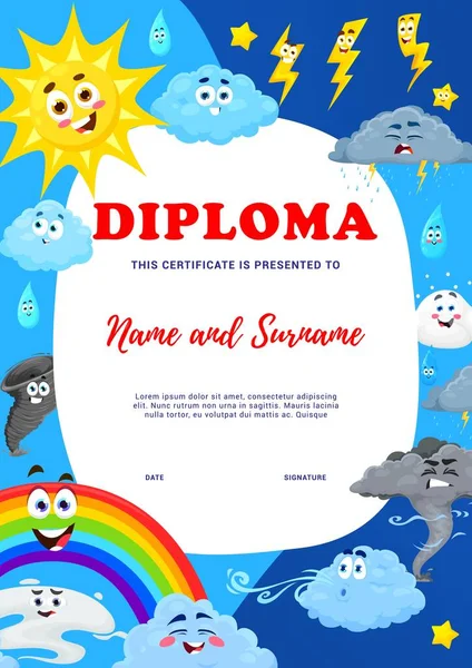 Diploma Niños Personajes Del Tiempo Dibujos Animados Certificado Apreciación Premio — Vector de stock