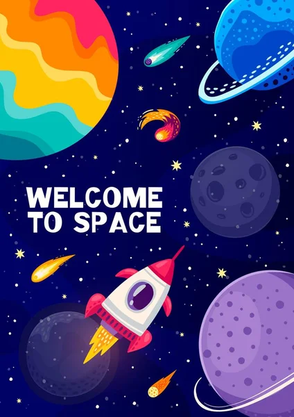 Çizgi Film Uzay Manzarası Posteri Roket Kuyruklu Yıldızlar Galaksi Gezegenleri — Stok Vektör