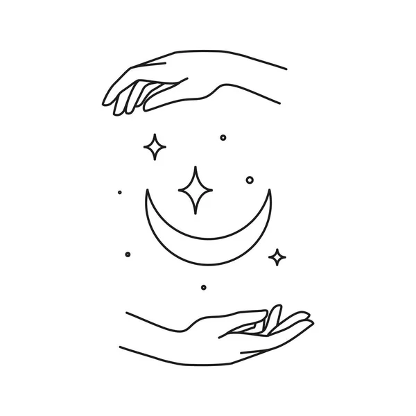 月と星 神秘的な入れ墨細い線のアイコンを持つ女性の手 手のジェスチャー クリスタルとスパ 美容ケアとベクトルロゴ — ストックベクタ