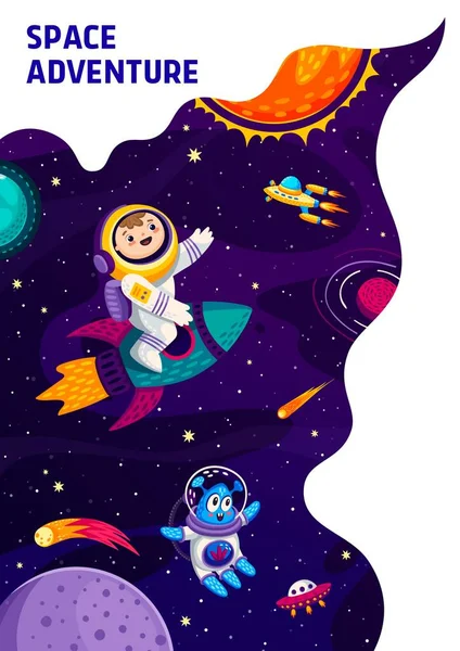 Página Destino Espacial Astronauta Criança Foguete Alienígena Com Ovni Entre —  Vetores de Stock