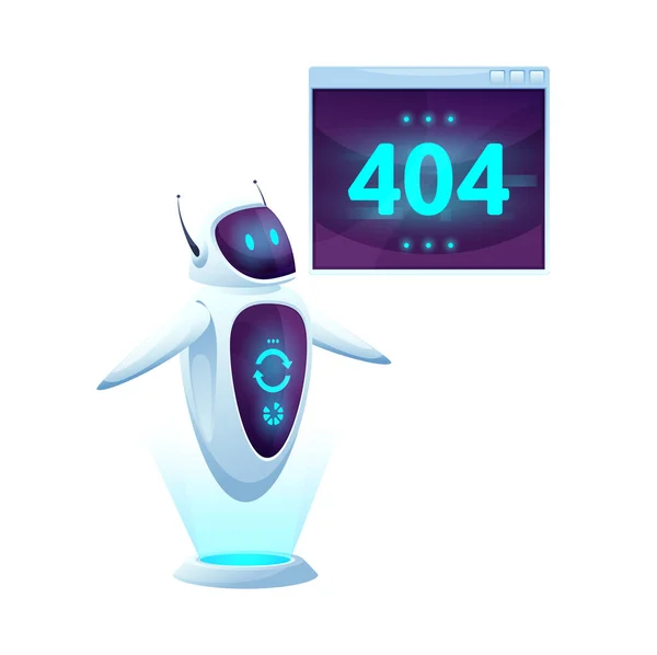 404页卡通屏和机器人 网页加载错误 网站维护中断 服务标识或Internet连接失败 这些都是带有发光霓虹灯未来派机器人角色的矢量背景 — 图库矢量图片