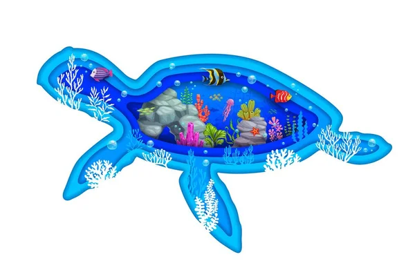 Cartoon Schildkrötenpapier Geschnittene Silhouette Mit Unterwasserlandschaft Vektortropischen Algen Fischschwärmen Und — Stockvektor