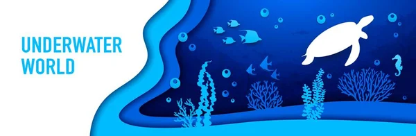 Unterwasser Papierschnitt Landschaft Meeresschildkröte Algen Und Fischschwärme Vektor Papierschnitt Unterwasserwelt — Stockvektor
