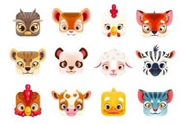 Kawaii hayvan yüzleri, kare karikatür sevimli hayvanat bahçesi karakterleri, zebra ve panda bebeklerinin vektör simgeleri. Aslan, kaplan ve komik kawaii kare inek, civciv ve kuzulu kedi yavrusu suratı.