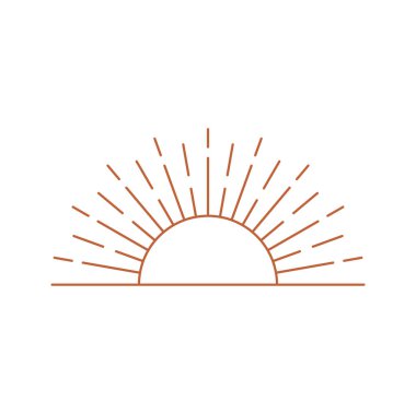 Bohem doğrusal logosu, gün doğumu veya gün batımı izole edilmiş güneş ışığı ana hatları simgesi. Vektör boho gün doğumu, güneş patlaması geometrik soyut tasarım elementi