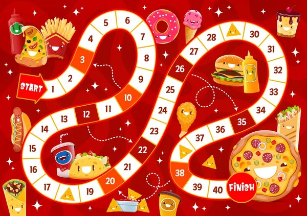 Passo Jogo Tabuleiro Desenhos Animados Alegre Takeaway Fast Food Personagens — Vetor de Stock