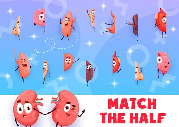 Match Half Cartoon Human Organ Characters Vector Game Worksheet Nose — Stock Vector