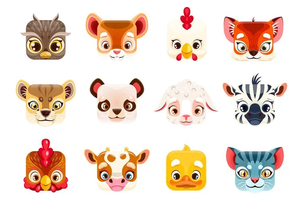 Visages Animaux Kawaii Dessins Animés Carrés Personnages Zoo Mignons Icônes — Image vectorielle