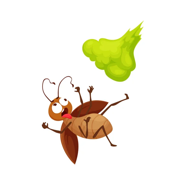 Cartoon Kakkerlak Karakter Onder Insecticide Groene Wolk Geïsoleerde Vector Grappige — Stockvector
