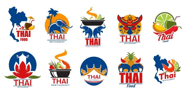 Iconos Cocina Tailandesa Tailandia Restaurante Comida Asiática Vectorial Símbolos Aislados — Vector de stock