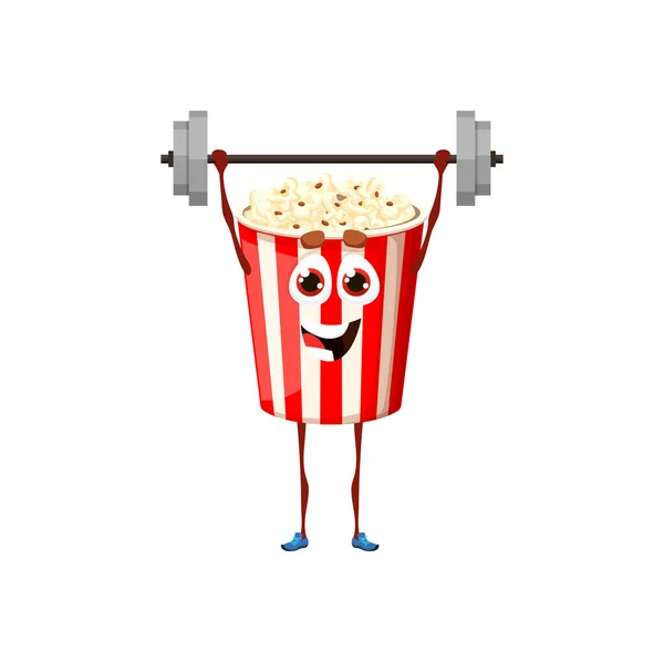 Rajzfilm Popcorn Karakter Súlyzó Vicces Gyorsétterem Sport Vagy Tornaterem Elszigetelt — Stock Vector